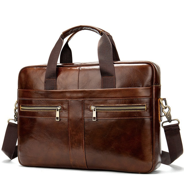 Men's Cowhide Luxury Genuine Leather Briefcase for 15.4